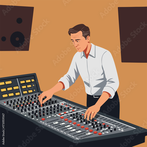 Man using an audio mixing console in a studio setting