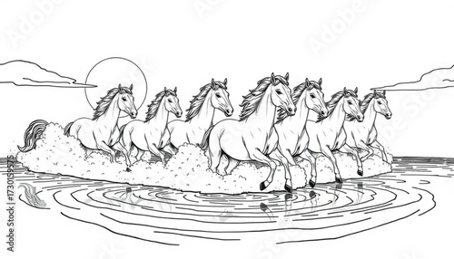 Minimilist seven horses running through water with sun and clouds in a black and white illustration style image vector