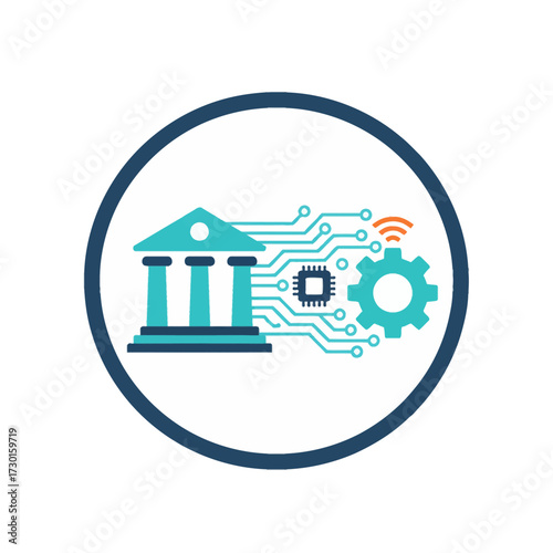 digital bureaucracy icon. flat minimal vector of a smart system gear, circuit board, and process growth. ideal for e-government, policy tech, & efficiency.