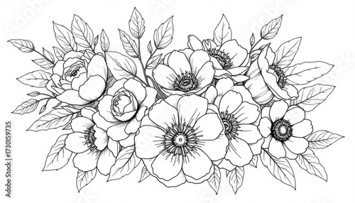 Minimilist elegant floral arrangement featuring roses and anemones with detailed line work and delicate leaf patterns vector