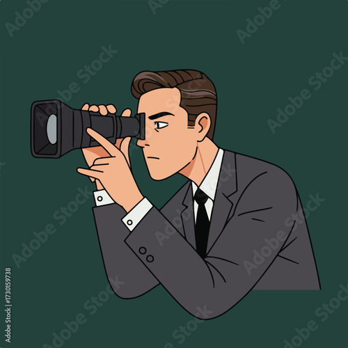 Illustration of a man in suit looking through binoculars, on dark green