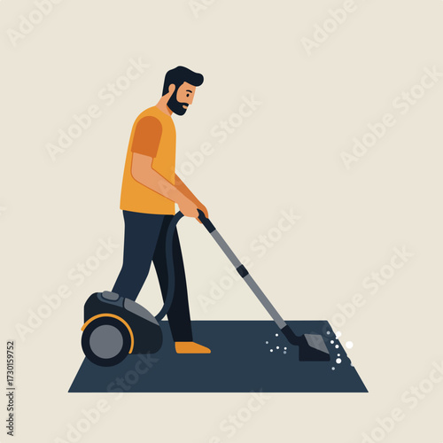 Man vacuuming a carpet, simplified, in a flat design style