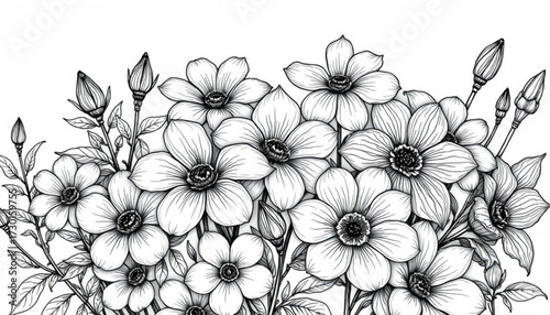 Minimilist detailed monochrome illustration of a floral arrangement with blooming flowers and buds design art vector