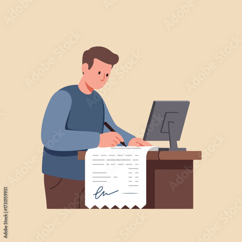 Man signs receipt at desk with monitor in simplistic vector illustration