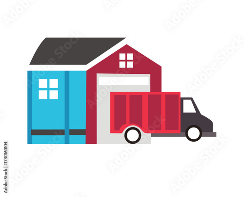 Stylized icon of a warehouse with blue windowed section and red garage door; a red delivery truck with black cab is parked loading goods at dock door; isolated on white background.