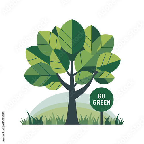 Go green concept with tree and sign isolated on white background