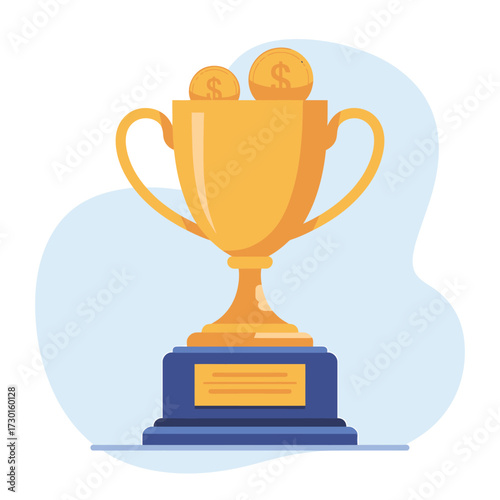 Golden trophy cup with dollar coins representing financial success and reward