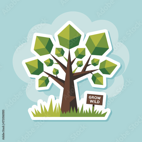 Grow wild concept with tree and sign isolated on white background