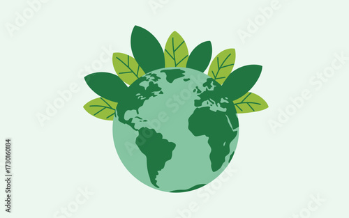 Green earth globe with leaves isolated on white background vector illustration