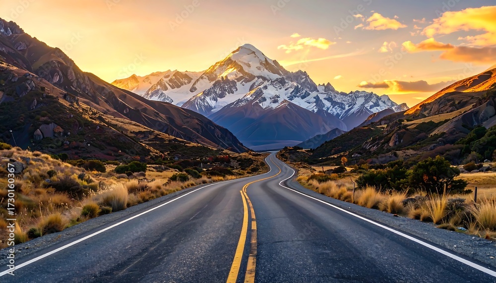 Fototapeta premium Scenic Road Trip Towards Aoraki Mount Cook at Sunrise.