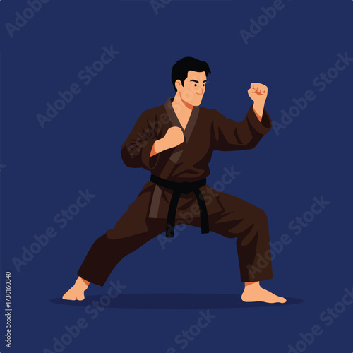 Brown-suited man in stance with fist
