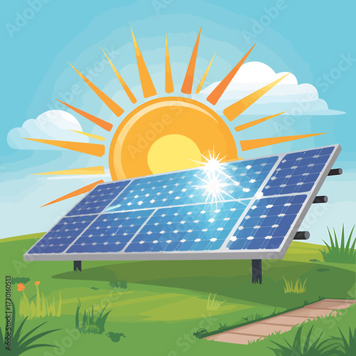 Solar panel illustration with sun shining, clean energy for environment