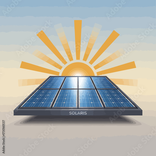 Solar panel with sun shining, clean energy for environment, technology