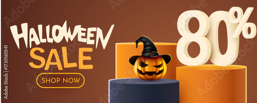 Halloween Sale 80 Percent Off Banner with Spooky Pumpkin. Eighty Percent off. Seasonal discount advertisement. Vector illustration.