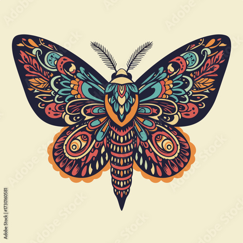 Ornate moth with colorful patterns on wings, centered on light background