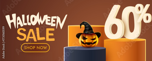 Halloween Sale 60 Percent Off Banner with Spooky Pumpkin. Sixty Percent off. Seasonal discount advertisement. Vector illustration.