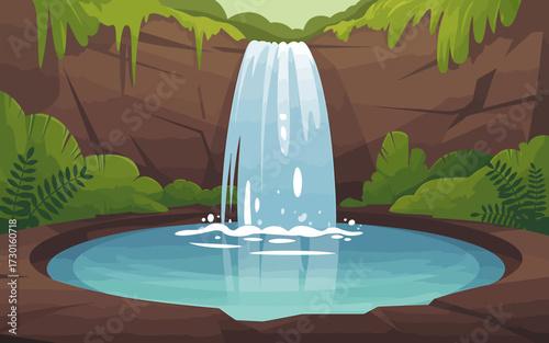 Beautiful waterfall flowing into a pond surrounded by rocks and vegetation
