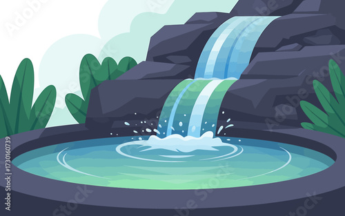 Waterfall cascading into a pool of water vector illustration