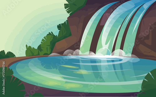 Scenic waterfall cascading down rocks into a clear pond surrounded by trees