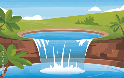 Picturesque waterfall flowing into a pond with a green field in background