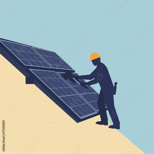 Solar panel installer on rooftop with tools, blue palette