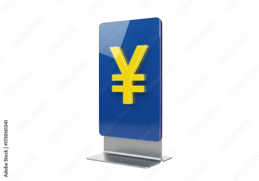Fototapeta premium Yellow Yen currency symbol on blue display isolated, Japanese money sign PNG for finance and business