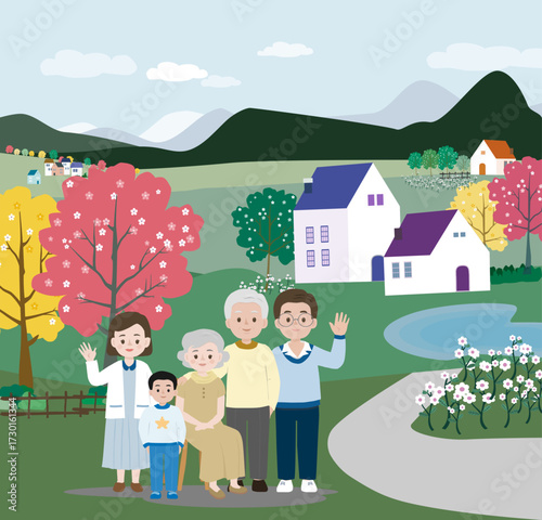 Happy family in the colorful  garden