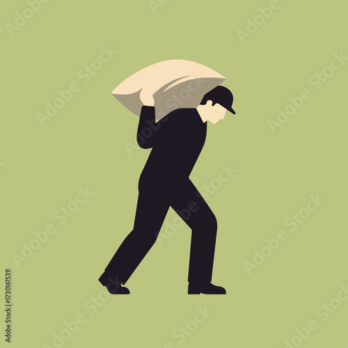 Bent worker carries large beige sack over shoulder against olive background