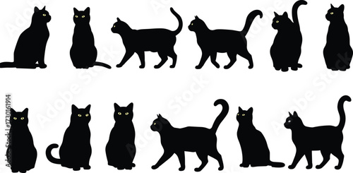 Black cat silhouettes with yellow eyes, sitting and walking feline illustration, spooky pet animal vector, Halloween design, whiskers artwork isolated background