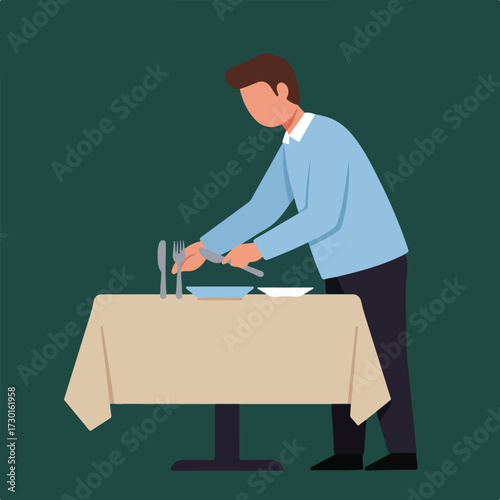 Person setting table, placing silverware by plates on beige tablecloth