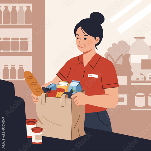 Store clerk packs groceries into paper bag at checkout counter in a store