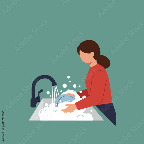 Woman washes dishes. Sink full of soap. Red shirt. Blue background