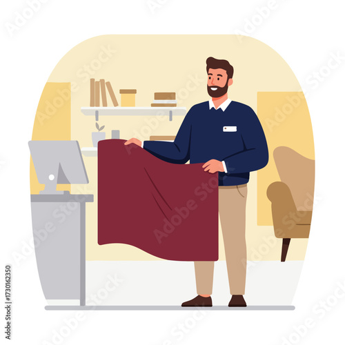 Clerk displays fabric swatch