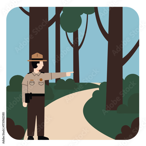 Ranger points the way down a path in a forest, with tall trees and blue sky