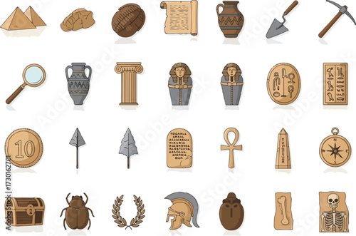 Set of archeology icons vector illustration in flat design style depicting ancient artifacts and tools for historical research
