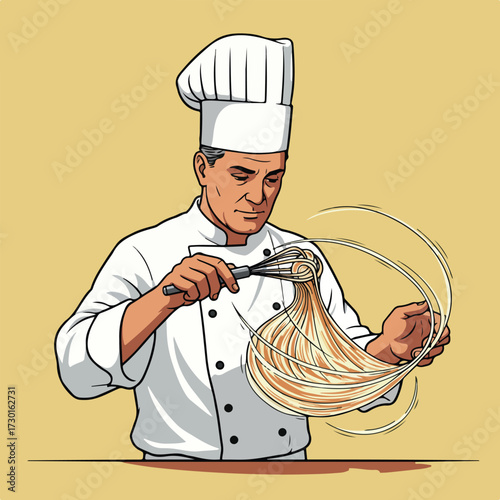Chef in uniform whisking batter, dynamic motion lines, isolated on beige
