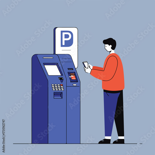 Man uses phone at parking meter terminal with parking sign