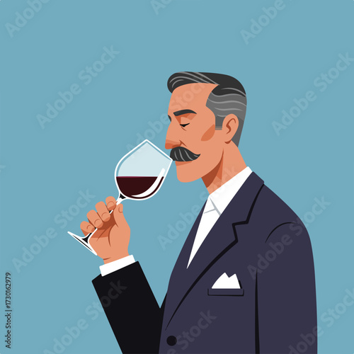 Sophisticated man in a suit smelling a glass of red wine on a blue background