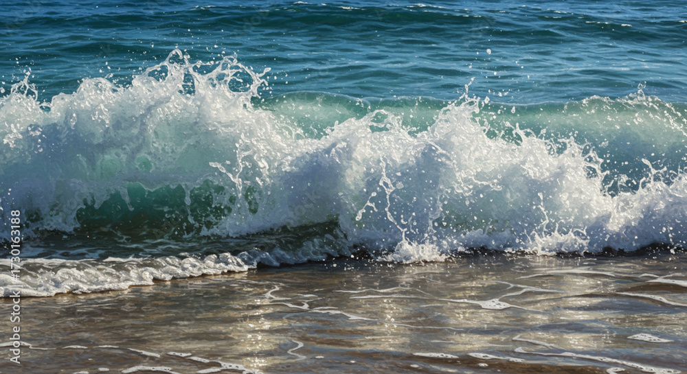 Obraz premium A mesmerizing close-up of a powerful turquoise sea wave crashing on the wet sandy shore, creating a dramatic splash of white foam