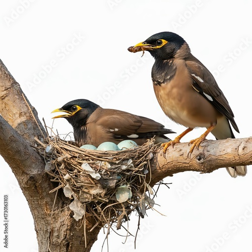 Common myna birds sitting in nest with eggs isolated on white background