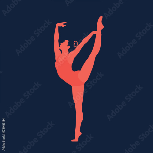Ballerina stands, leg lifted, in red silhouette on dark blue background
