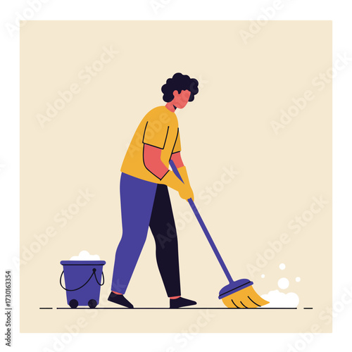 Illustration of person mopping floor, bucket with soap