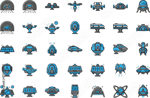Set of futuristic spaceship icons vector illustration in flat design perfect for sci-fi games and app interfaces