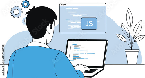 Programmer working on javascript code isolated on white background