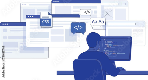 Programmer working on website development isolated on white background