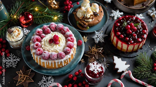 A table full of desserts with a festive atmosphere. The desserts include cakes, pies, and other sweet treats. The table is decorated with snowflakes and other winter decorations, creating a cozy