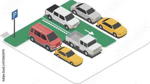 Isometric 3D illustration of busy urban road with cars, trucks, traffic, highway, billboards, street lights, transportation concept design