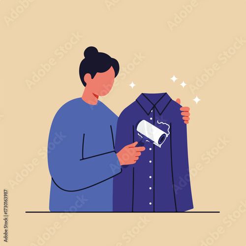 Woman cleaning blue shirt with lint roller, shining bright