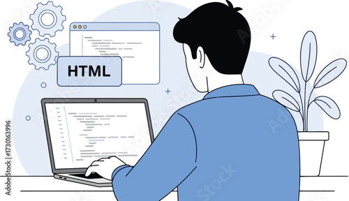 Man coding html on laptop, web development process, isolated on white background