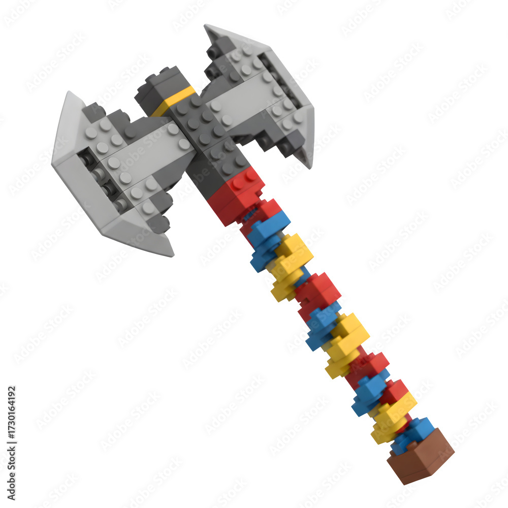 Fototapeta premium Detailed Double-Headed Battle Axe Built from Colorful Toy Blocks isolated on a transparent background 